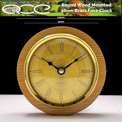 Caravan Clock Round 90mm Brass Face Wood Mounted